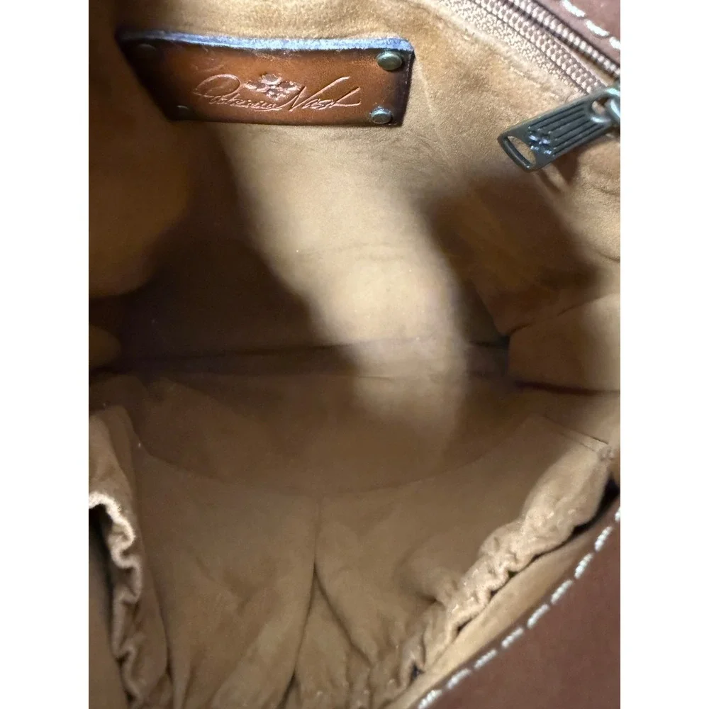 Patricia Nash Leather Crossbody Bag Map Print Floral Bird Tan Tan Brown Square